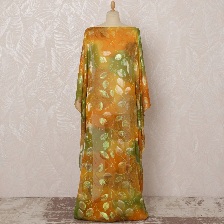 Golden Yellow and Green Leaf Pattern Silk Chiffon Dirac Fabric with Metallic Lurex, 3.5 Meters, 140 cm Width-D20813