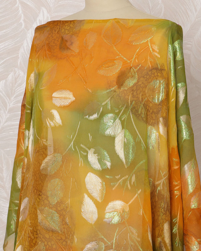 Golden Yellow and Green Leaf Pattern Silk Chiffon Dirac Fabric with Metallic Lurex, 3.5 Meters, 140 cm Width-D20813