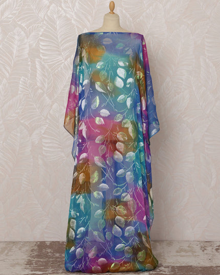 Multicolor and Silver Leaf Pattern Silk Chiffon Dirac Fabric with Metallic Lurex, 3.5 Meters, 140 cm Width-D20814