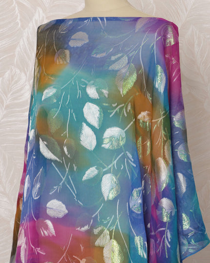 Multicolor and Silver Leaf Pattern Silk Chiffon Dirac Fabric with Metallic Lurex, 3.5 Meters, 140 cm Width-D20814