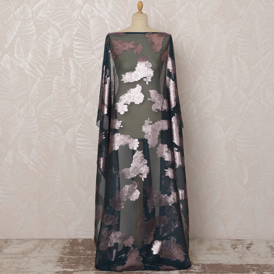 قماش شيفون ديراك من الحرير الفرنسي (فرنساوي) باللون الأزرق المخضر الداكن مع لوركس معدني، 3.5 متر، عرض 140 سم - D20816