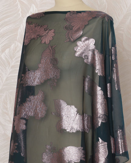 Dark Teal Floral French Silk (Fransawi) Chiffon Dirac Fabric with Metallic Lurex, 3.5 Meters, 140 cm Width-D20816