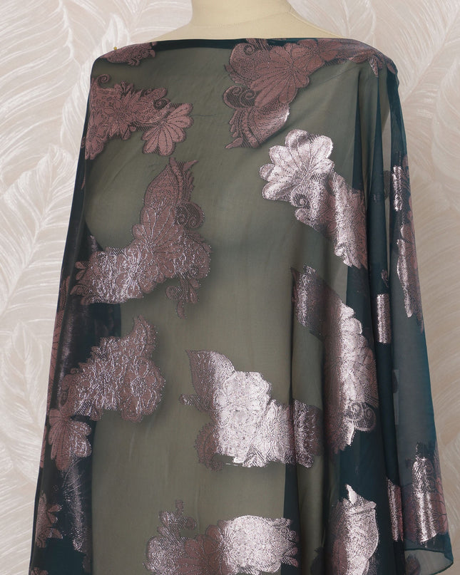 Dark Teal Floral French Silk (Fransawi) Chiffon Dirac Fabric with Metallic Lurex, 3.5 Meters, 140 cm Width-D20816