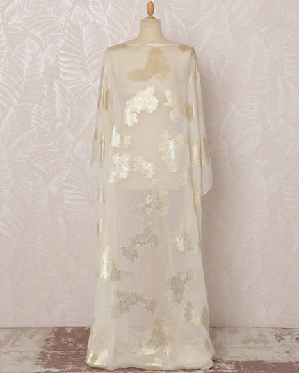 Ivory and Gold Floral French Silk (Fransawi) Chiffon Dirac Fabric with Metallic Lurex, 3.5 Meters, 140 cm Width-D20817