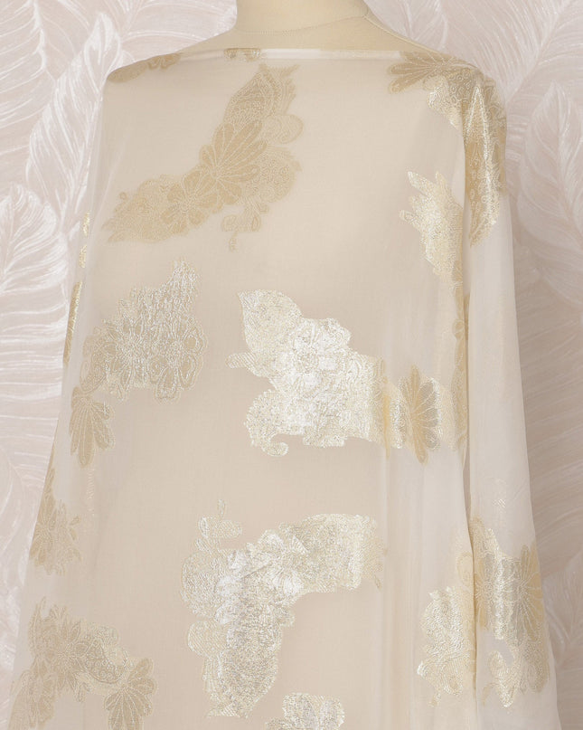 Ivory and Gold Floral French Silk (Fransawi) Chiffon Dirac Fabric with Metallic Lurex, 3.5 Meters, 140 cm Width-D20817