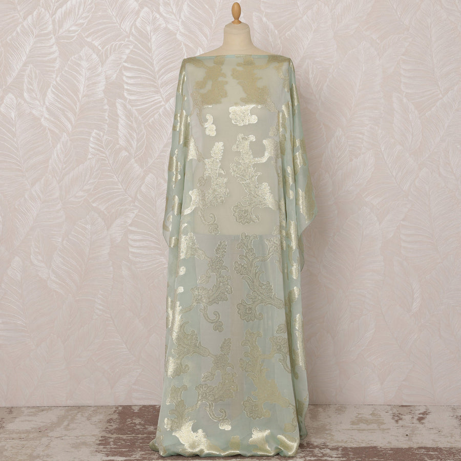 قماش شيفون ديراك من الحرير الفرنسي (فرنساوي) باللون الأخضر النعناعي والفضي مع لوركس معدني، 3.5 متر، عرض 140 سم - D20818