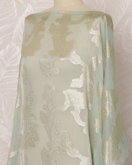 Mint Green and Silver Floral French Silk (Fransawi) Chiffon Dirac Fabric with Metallic Lurex, 3.5 Meters, 140 cm Width-D20818