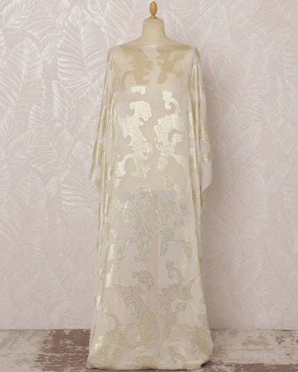 Ivory and Gold Floral French Silk (Fransawi) Chiffon Dirac Fabric with Metallic Lurex, 3.5 Meters, 140 cm Width-D20819