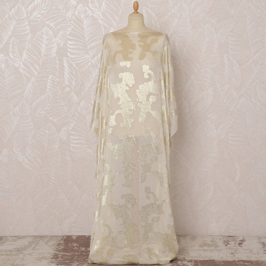 Ivory and Gold Floral French Silk (Fransawi) Chiffon Dirac Fabric with Metallic Lurex, 3.5 Meters, 140 cm Width-D20819
