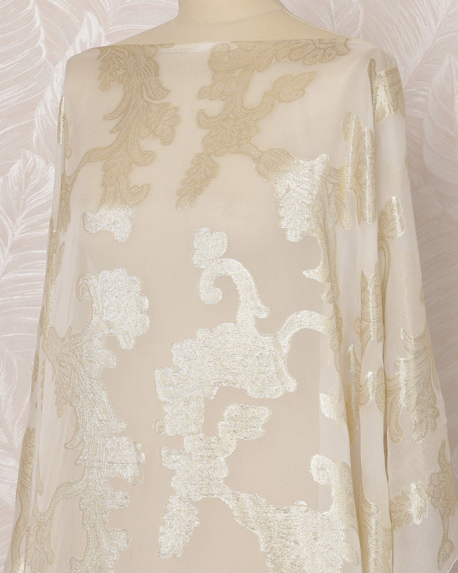 Ivory and Gold Floral French Silk (Fransawi) Chiffon Dirac Fabric with Metallic Lurex, 3.5 Meters, 140 cm Width-D20819