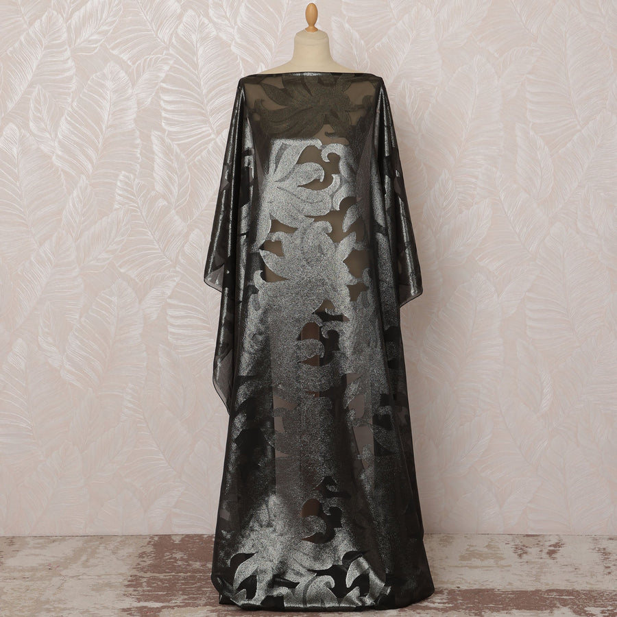 Black Floral French Silk (Fransawi) Chiffon Dirac Fabric with Metallic Lurex, 3.5 Meters, 140 cm Width-D20820