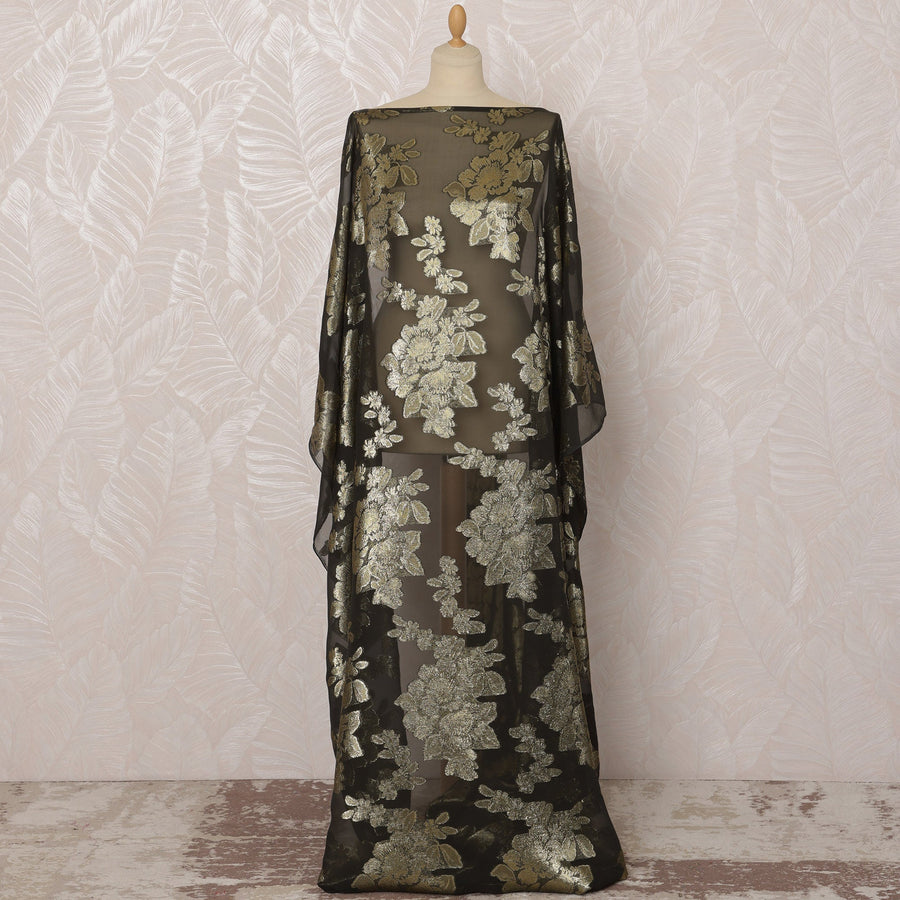 Bottle Green and Gold Floral French Silk (Fransawi) Chiffon Dirac Fabric with Metallic Lurex, 3.5 Meters, 140 cm Width-D20822