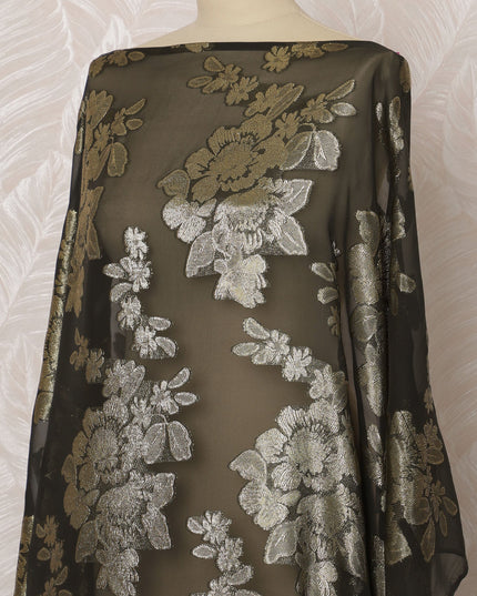 Bottle Green and Gold Floral French Silk (Fransawi) Chiffon Dirac Fabric with Metallic Lurex, 3.5 Meters, 140 cm Width-D20822