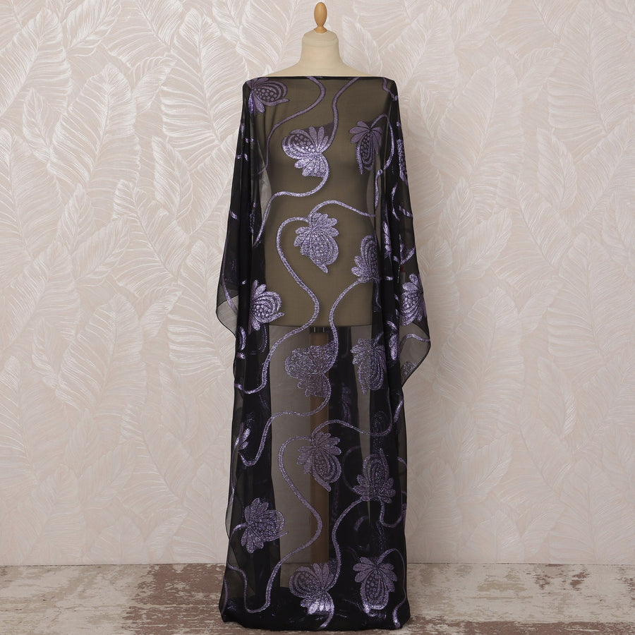 Black and Purple Floral French Silk (Fransawi) Chiffon Dirac Fabric with Metallic Lurex, 3.5 Meters, 140 cm Width-D20823