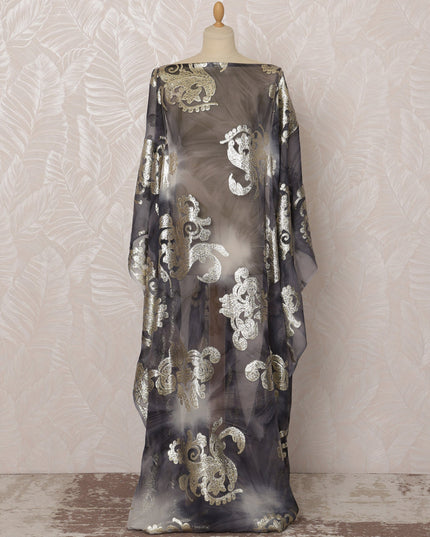 Grey and Gold Paisley Silk Chiffon Dirac Fabric with Metallic Lurex, 3.5 Meters, 140 cm Width-D20824