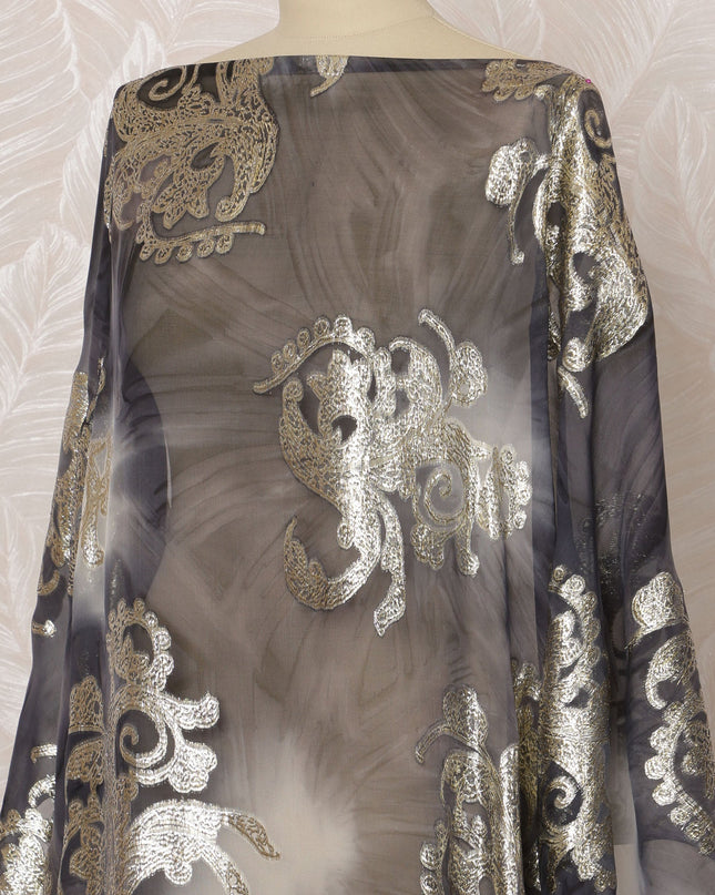 Grey and Gold Paisley Silk Chiffon Dirac Fabric with Metallic Lurex, 3.5 Meters, 140 cm Width-D20824