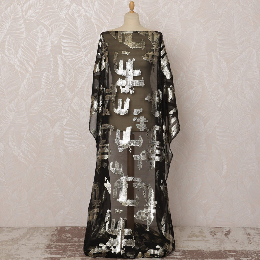 Black Somali Silk Chiffon Dirac Fabric with Silver Metallic Lurex Design, 3.5 Meters, 140 cm Width - Made in South Korea-D20825