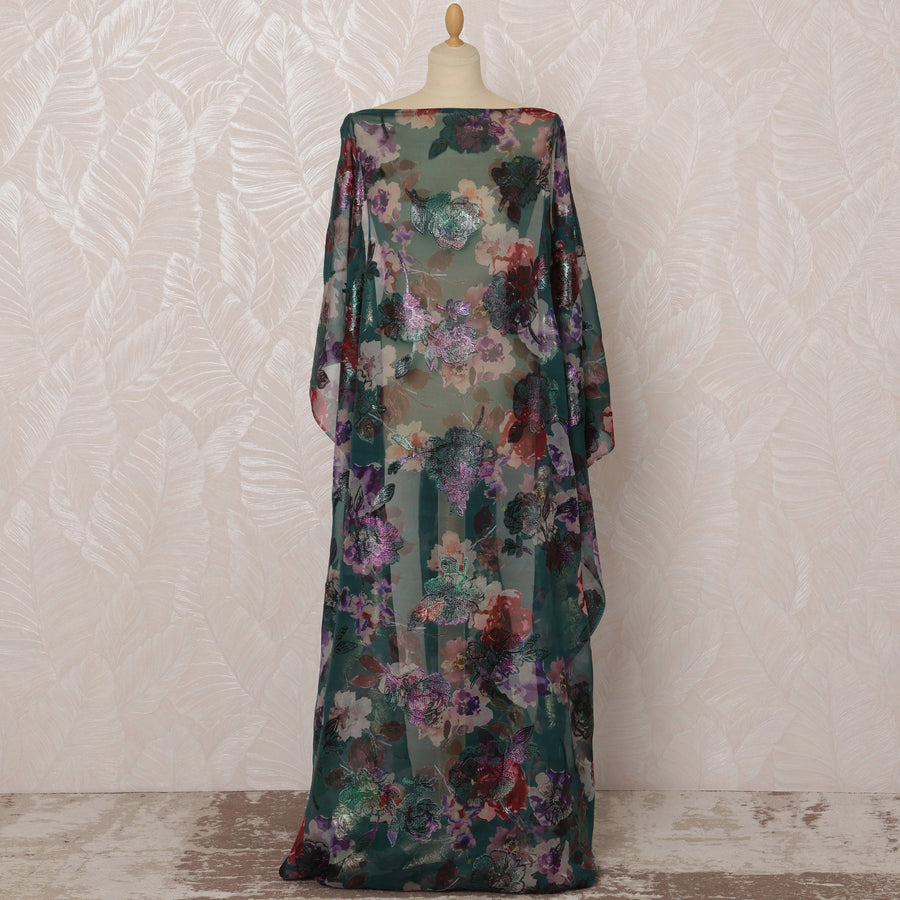 Green Somali Silk Chiffon Dirac Fabric with Multicolor Floral Metallic Lurex Design, 3.5 Meters, 140 cm Width - Made in South Korea-D20826