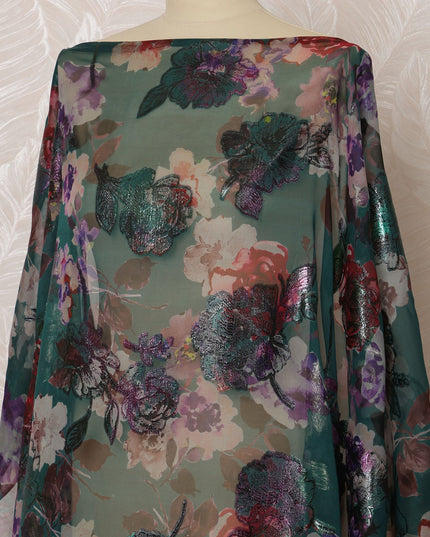 Green Somali Silk Chiffon Dirac Fabric with Multicolor Floral Metallic Lurex Design, 3.5 Meters, 140 cm Width - Made in South Korea-D20826