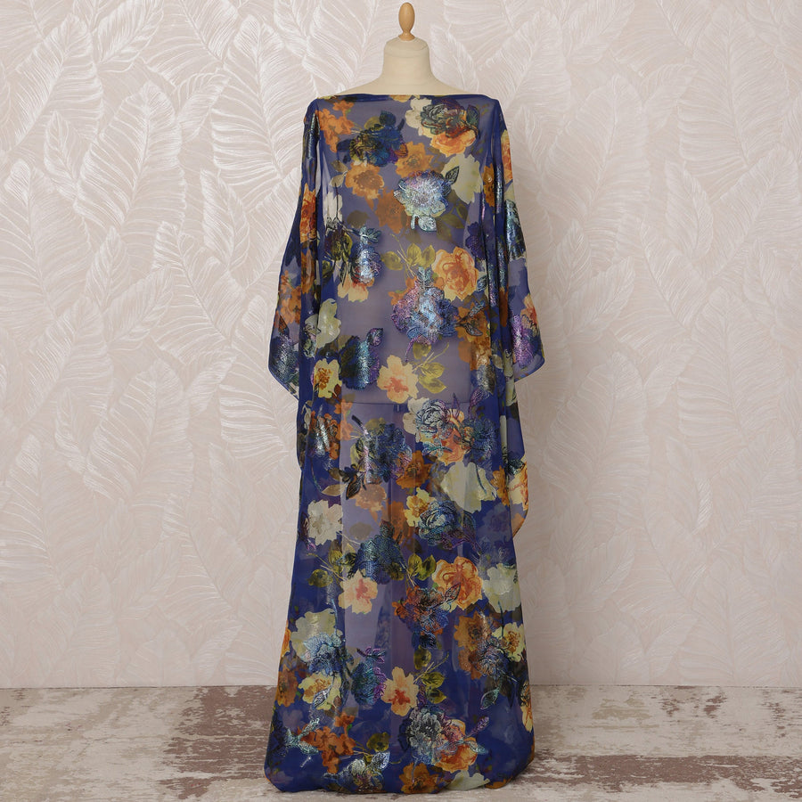 Blue Somali Silk Chiffon Dirac Fabric with Multicolor Floral Metallic Lurex Design, 3.5 Meters, 140 cm Width - Made in South Korea-D20827