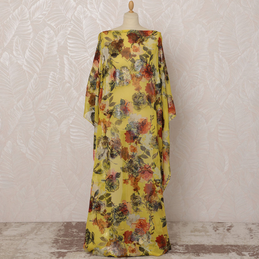 Yellow Somali Silk Chiffon Dirac Fabric with Multicolor Floral Metallic Lurex Design, 3.5 Meters, 140 cm Width - Made in South Korea-D20828