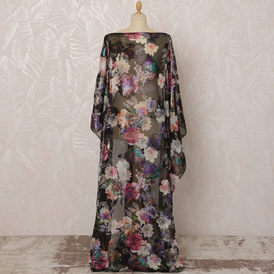 Black Somali Silk Chiffon Dirac Fabric with Multicolor Floral Metallic Lurex Design, 3.5 Meters, 140 cm Width - Made in South Korea-D20829
