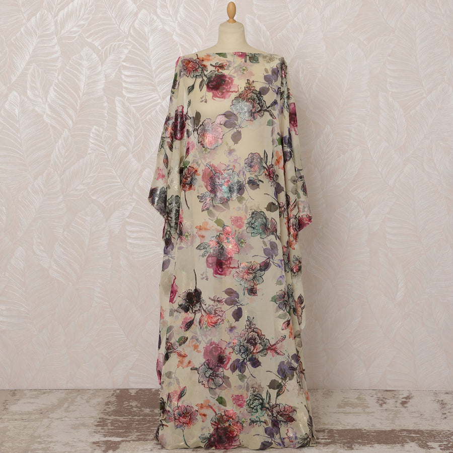 Cream Somali Silk Chiffon Dirac Fabric with Multicolor Floral Metallic Lurex Design, 3.5 Meters, 140 cm Width - Made in South Korea-D20830