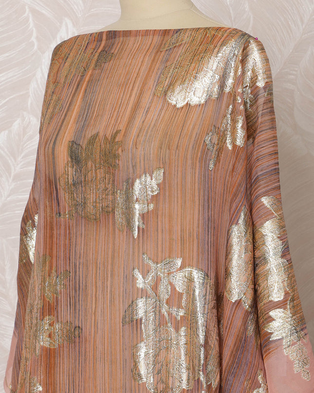 Copper Somali Silk Chiffon Dirac Fabric with Gold Floral Metallic Lurex Design, 3.5 Meters, 140 cm Width - Made in South Korea-D20831