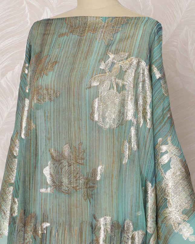 Aqua Somali Silk Chiffon Dirac Fabric with Gold Floral Metallic Lurex Design, 3.5 Meters, 140 cm Width - Made in South Korea-D20832