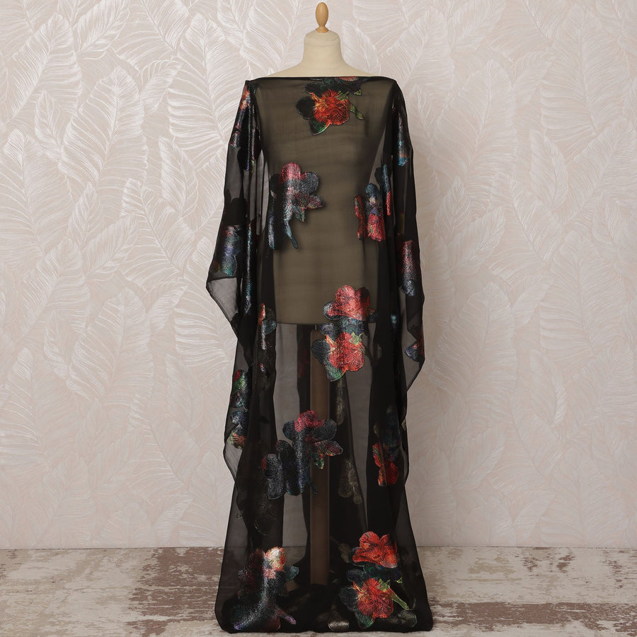 Black Somali Silk Chiffon Dirac Fabric with Multicolor Floral Metallic Lurex Design, 3.5 Meters, 140 cm Width - Made in South Korea-D20834