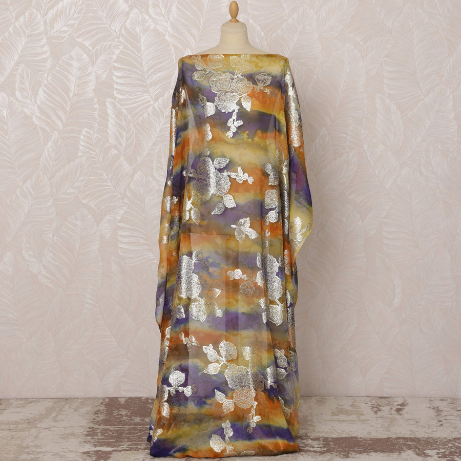 Multicolor Somali Silk Chiffon Dirac Fabric with Silver Floral Metallic Lurex Design, 3.5 Meters, 140 cm Width - Made in South Korea-D20835