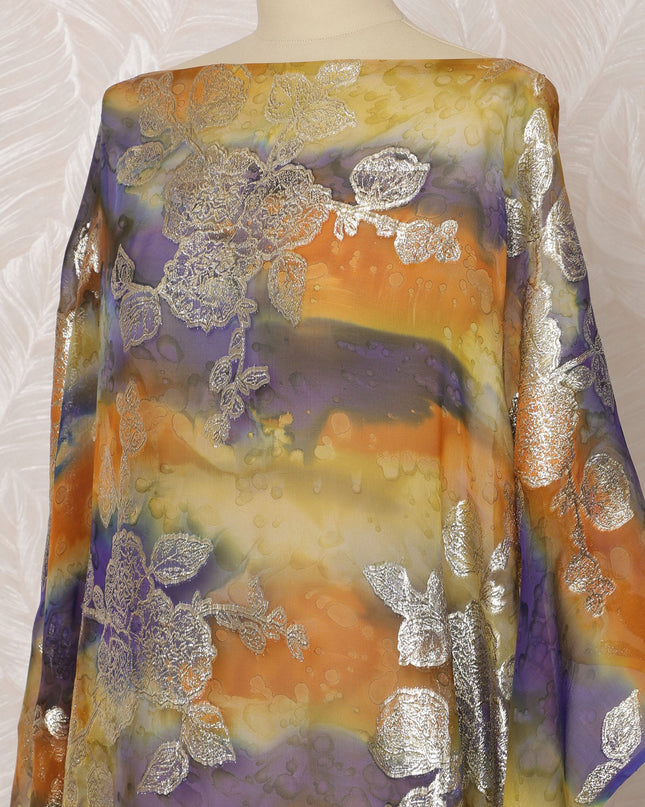 Multicolor Somali Silk Chiffon Dirac Fabric with Silver Floral Metallic Lurex Design, 3.5 Meters, 140 cm Width - Made in South Korea-D20835