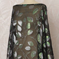 Black Somali Silk Chiffon Dirac Fabric with Silver and Green Leaf Metallic Lurex Design, 3.5 Meters, 140 cm Width - Made in South Korea-D20836