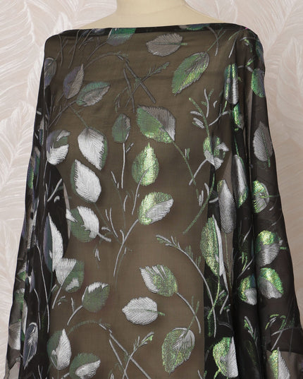 Black Somali Silk Chiffon Dirac Fabric with Silver and Green Leaf Metallic Lurex Design, 3.5 Meters, 140 cm Width - Made in South Korea-D20836