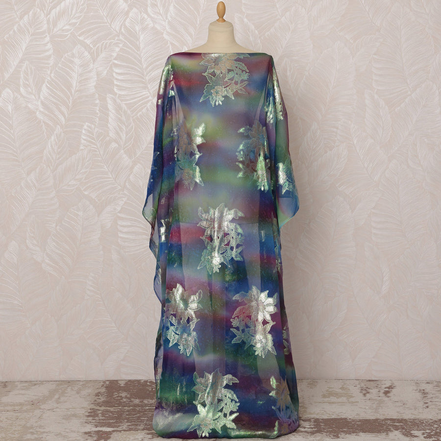 قماش شيفون حرير صومالي قوس قزح مع تصميم لوريكس معدني فضي اللون، 3.5 متر، عرض 140 سم - صنع في كوريا الجنوبية - D20837