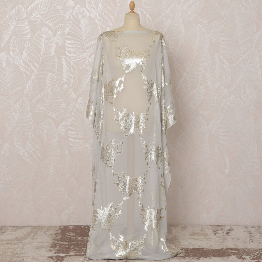 Light grey Somali Silk Chiffon Dirac Fabric with Gold Floral Metallic Lurex Design, 3.5 Meters, 140 cm Width - Made in South Korea-D20838