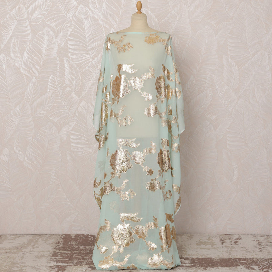 قماش شيفون حرير صومالي أزرق نعناعي مع تصميم لوريكس معدني ذهبي، 3.5 متر، عرض 140 سم - صنع في كوريا الجنوبية - D20839