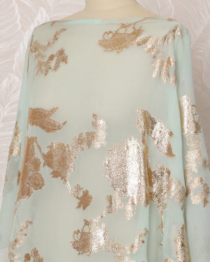 Mint Blue Somali Silk Chiffon Dirac Fabric with Gold Floral Metallic Lurex Design, 3.5 Meters, 140 cm Width - Made in South Korea-D20839