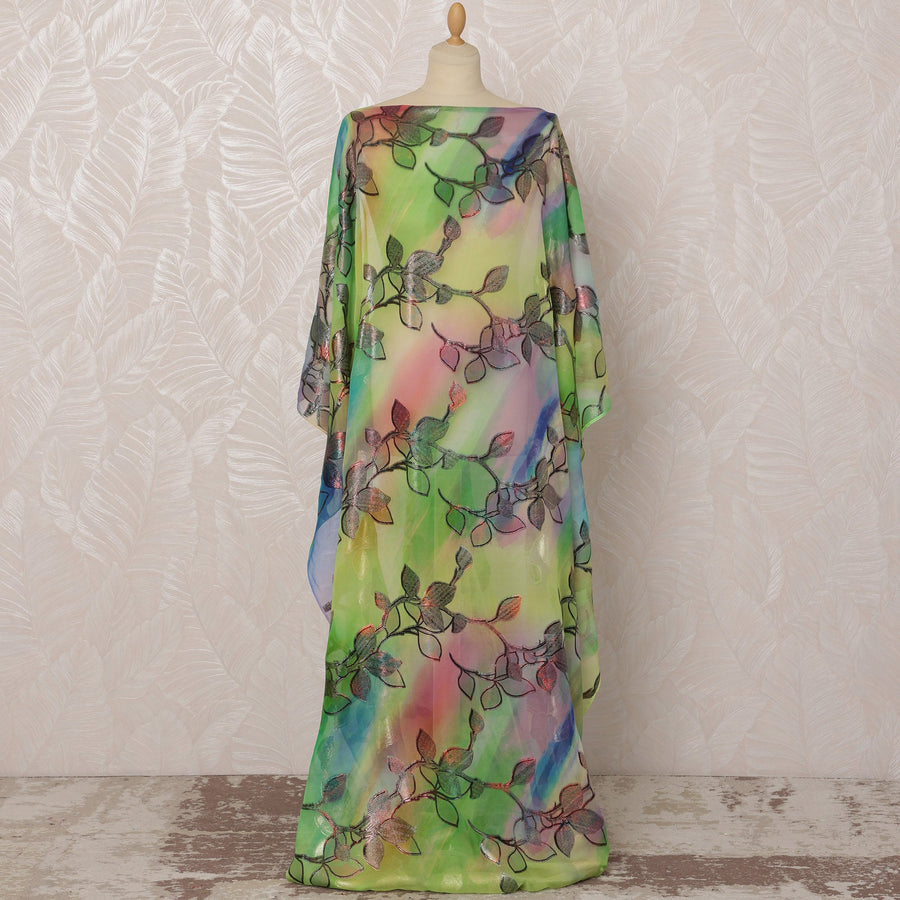 Multicolor Somali Silk Chiffon Dirac Fabric with Black Leaf Metallic Lurex Design, 3.5 Meters, 140 cm Width - Made in South Korea-D20841