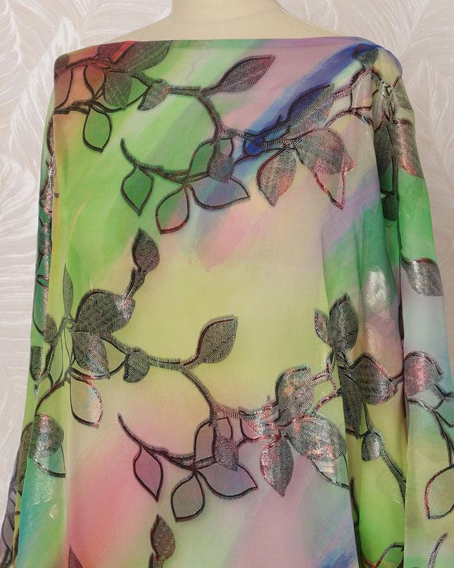 Multicolor Somali Silk Chiffon Dirac Fabric with Black Leaf Metallic Lurex Design, 3.5 Meters, 140 cm Width - Made in South Korea-D20841