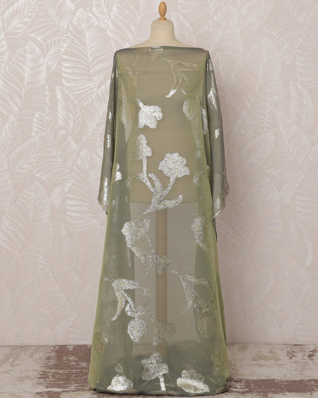 Olive Green Somali Silk Chiffon Dirac Fabric with Silver Floral Metallic Lurex Design, 3.5 Meters, 140 cm Width - Made in South Korea-D20842