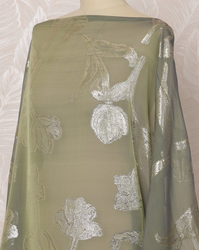 Olive Green Somali Silk Chiffon Dirac Fabric with Silver Floral Metallic Lurex Design, 3.5 Meters, 140 cm Width - Made in South Korea-D20842