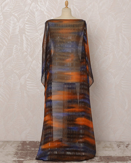 Orange and Blue Striped Somali Silk Chiffon Dirac Fabric with Metallic Lurex Design, 3.5 Meters, 140 cm Width - Made in South Korea-D20843