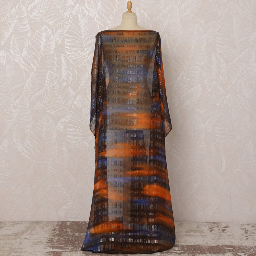 قماش شيفون حرير صومالي مخطط باللونين البرتقالي والأزرق مع تصميم لوريكس معدني، 3.5 متر، عرض 140 سم - صنع في كوريا الجنوبية - D20843