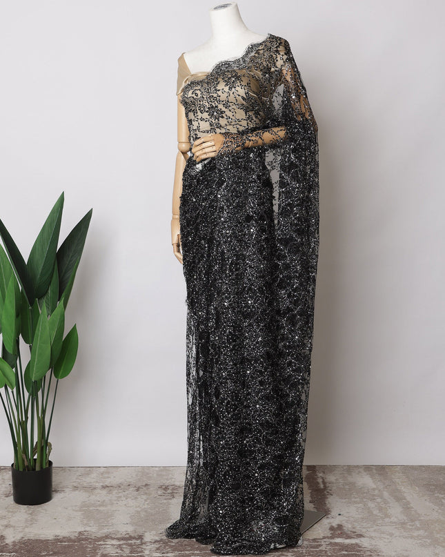 Black French Lurex Chantilly Lace Saree with stone work, Premium Outline Design, 5.5 Meters-110 Cms-D21031