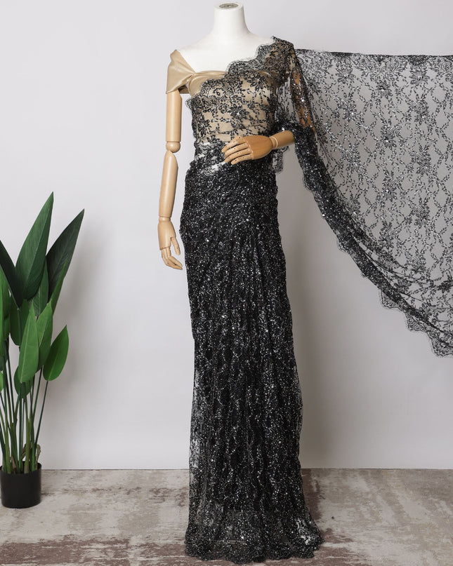 Black French Lurex Chantilly Lace Saree with stone work, Premium Outline Design, 5.5 Meters-110 Cms-D21031