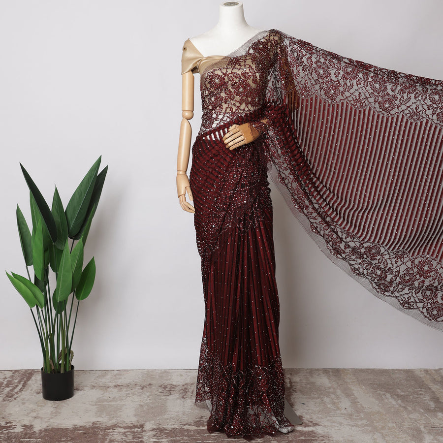 Maroon French Chantilly Lace Fabric with Stone Work, 5.5 Meters-110 Cms-D21033