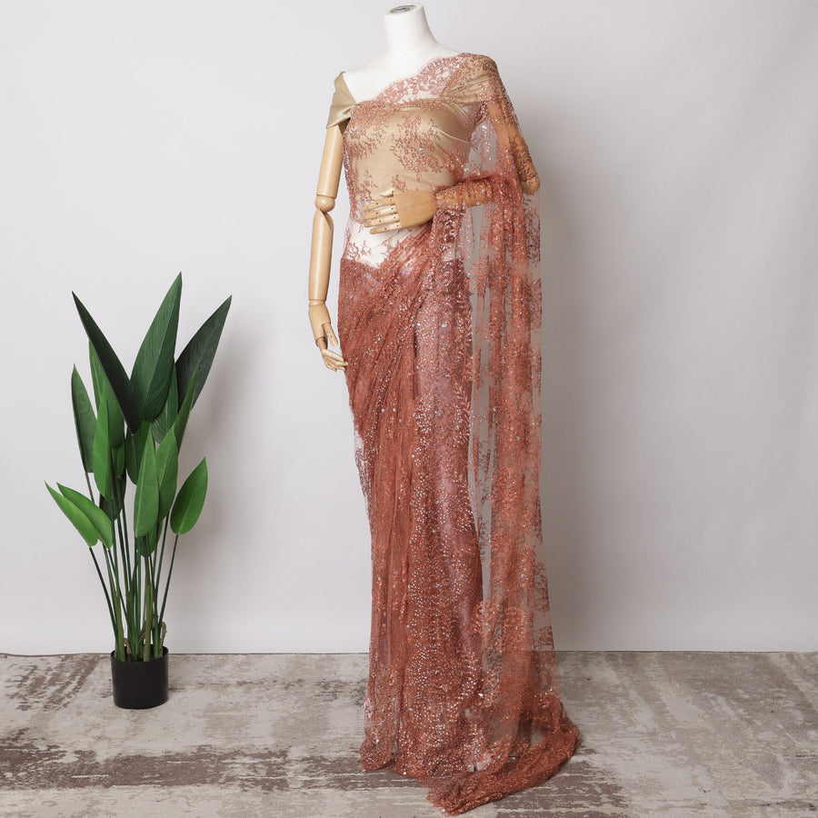 Rusty Orange French Metallic Chantilly Lace Fabric with Stone Work, 5.5 Meters-110 Cms-D21034