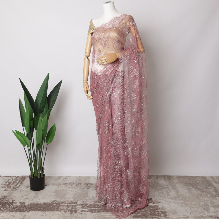 Dusty Pink French Metallic Chantilly Lace Fabric with Stone Work, 5.5 Meters-110 Cms-D21035 Regal Fabrics