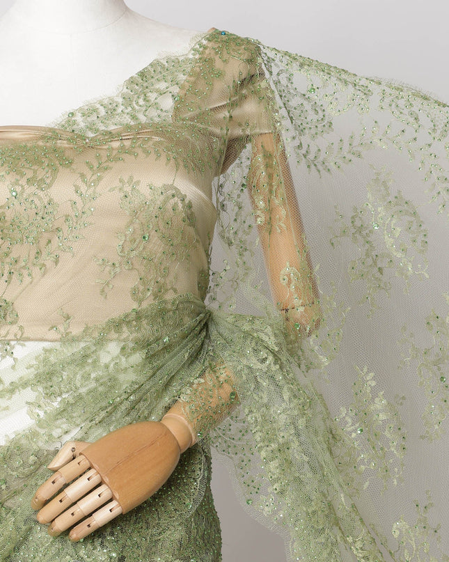 Sage Green French Metallic Chantilly Lace Fabric with Stone Work, 5.5 Meters-110 Cms-D21038